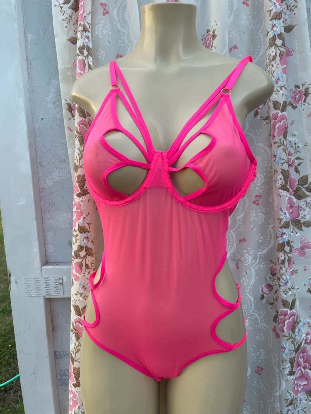 Bright Pink Strappy Mesh One-Piece